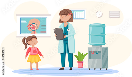 Little girl medical examination in office of otolaryngologist. Doctor takes care of patients works in hospital. Professional medic specializes in diagnosis, treatment of pathologies of throat and nose