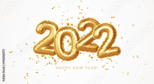 Happy new year 2022 metallic gold foil balloons on a white background. Golden helium balloons number 2022 New Year. Ve3ctor illustration