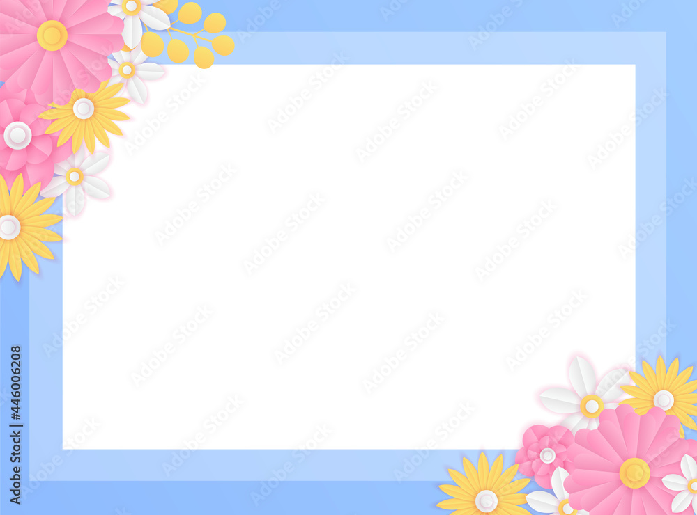 Spring summer fall autumn sale vector banner template with colorful flowers elements like chrysanthemum and daisy in the background and spring season discount promotional text in white frame. Spring summer fall autumn sale vector banner template with colorful flowers elements like chrysanthemum and daisy in the background and spring season discount promotional text in white frame.