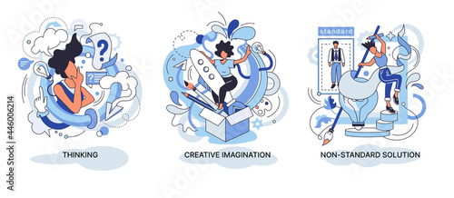Creative thinking. People with different mental mindset types or models creative. Imaginative non standard solution thinking. MBTI person metaphor. Mind behavior concept. Brain think people solve idea