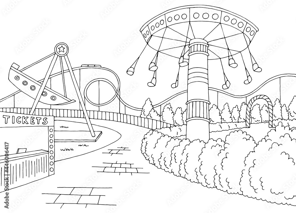 Amusement park landscape graphic black white sketch illustration vector ...