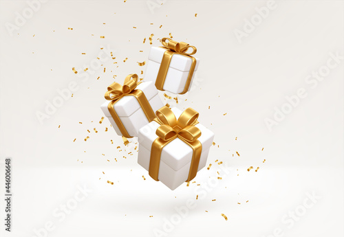 Merry New Year and Merry Christmas 2022 white gift boxes with golden bows and gold sequins confetti on white background. Gift boxes flying and falling. Vector illustration