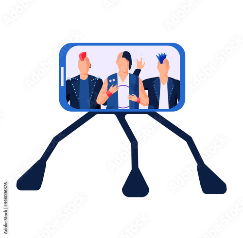 Smartphone on stand on white background with guys in rock clothes communicating in studio give interviews. Rock band spend time and creates music together. Music group records track and shoots video