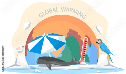 Melting glaciers environmental problem of north pole. Animals in global warming. Whale lies on an ice floe under beach umbrella in Antarctic cold landscape with parrot and seagull, iceberg and snow