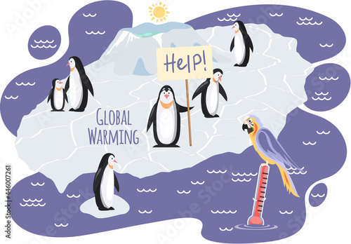 Wild birds living in antarctica suffer from global warming. Cute penguins on ice floe asking for help during global warming. Melting glaciers due to rising planet temperature vector illustration