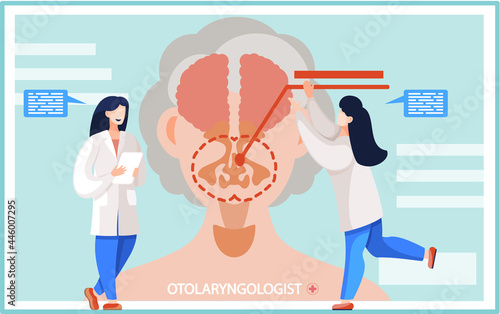 Otolaryngologist doctor with nose, ear and throat or ENT diagnostic and treatment instruments. Otology doctor with patient. Otorhinolaryngology healthcare medicine or otolaryngology diseases