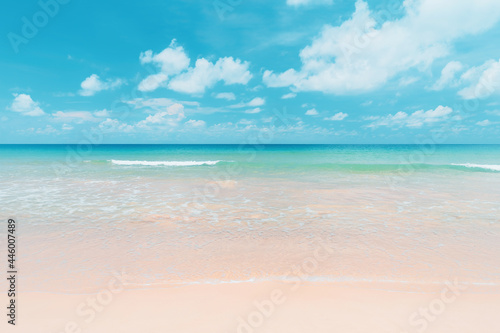 Beautiful tropical beach with blue sky and white clouds abstract texture background. Copy space of summer vacation and holiday business travel concept. © tonktiti