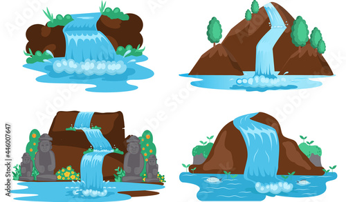 Falling water. River waterfall falls from cliff white background. Water fall streams. Picturesque tourist attraction with small waterfall and clear water. Cartoon landscapes with mountains and tree