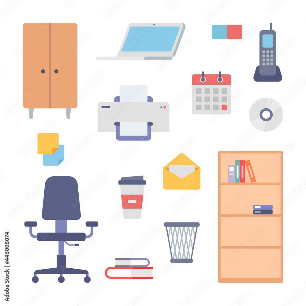 Office interior work items icon set. Filing cabinet and modern adjustable chair. Trash can with cup of coffee. Laptop and printer with paper. Open envelope with letter and desk calendar. Vector flat Office interior work items icon set. Filing cabinet and modern adjustable chair. Trash can with cup of coffee. Laptop and printer with paper. Open envelope with letter and desk calendar. Vector flat