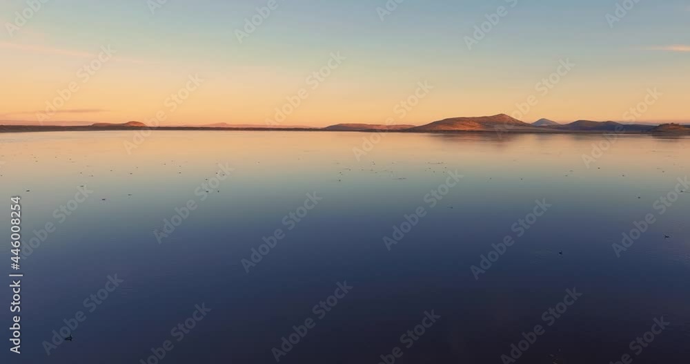 Aerial flying over a lake of migrating birds at sunset in Northern California Aerial flying over a lake of migrating birds at sunset in Northern California