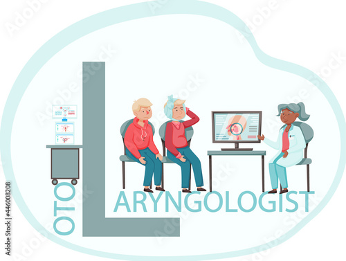 Otolaryngologist doctor with nose, ear and throat or ENT diagnostic and treatment instruments. Otology doctor with patient. Otorhinolaryngology healthcare medicine or otolaryngology diseases