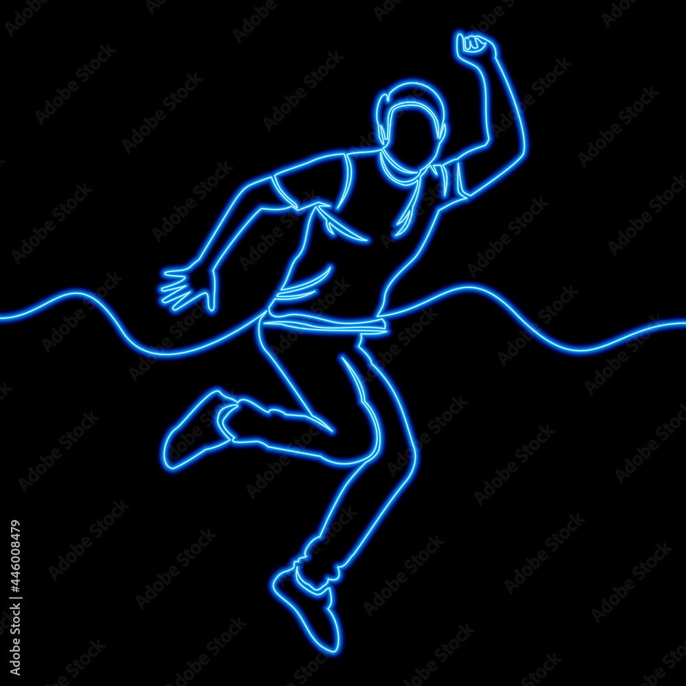 Continuous line drawing happy jumping man neon