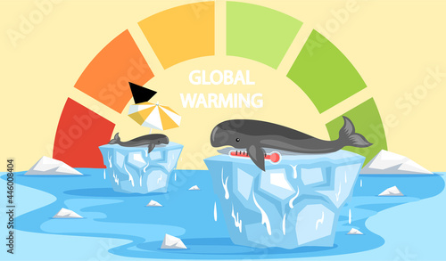 Scale with indicator of global warming on planet Earth. Animals during global warming concept. Earth temperature rise and glacier melting. Whales are liyng on icebergs and suffering from heat