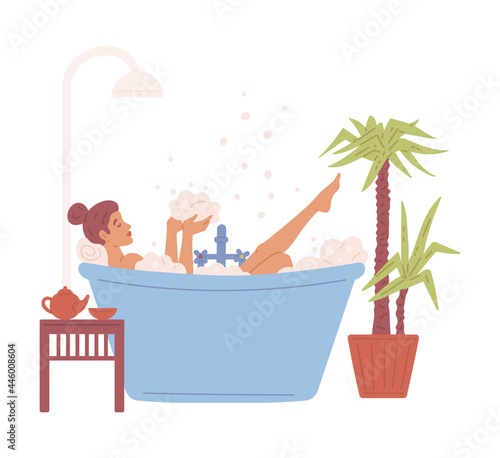 Woman enjoying bath and leisure time at home, flat vector illustration isolated.