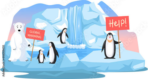Wild animals living in poles suffering from global warming. Cute penguins and polar bear ask for help during global warming. Iceberg with flowing water, mountain made of ice, melting glaciers