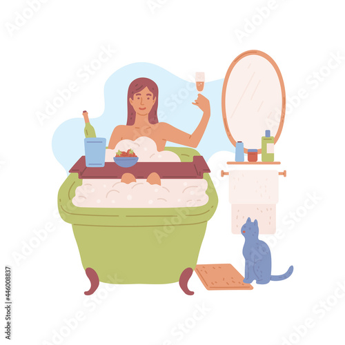 Woman with wine in bath enjoying leisure time, flat vector illustration isolated.