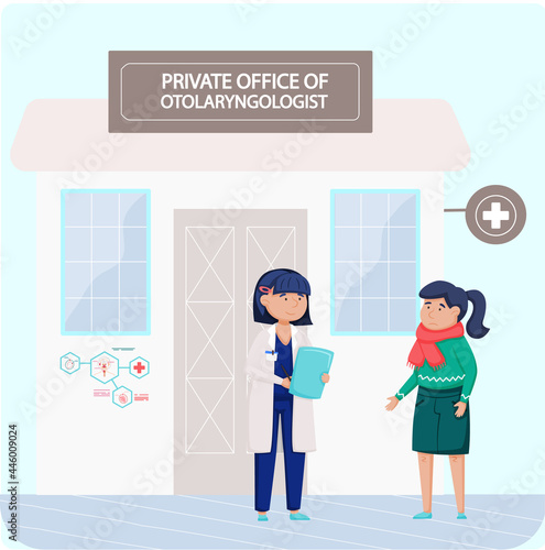 Otolaryngologist doctor with nose, ear and throat or ENT diagnostic and treatment instruments. Otology doctor with patient. Otorhinolaryngology healthcare medicine or otolaryngology diseases