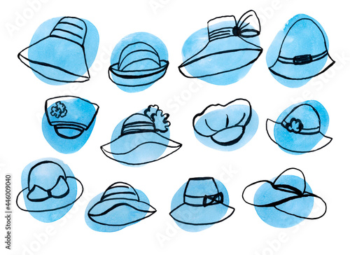 Women's hats. A set of illustrations. The illustration is drawn with a contour line on a watercolor spot. 
