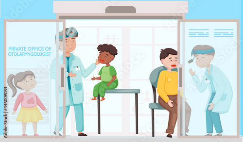 Doctors examine, treat children and adults in private office of tolaryngologist. Medical care, work with patient. Clinic specializes in diagnosis and treatment of pathologies of throat, ears and nose