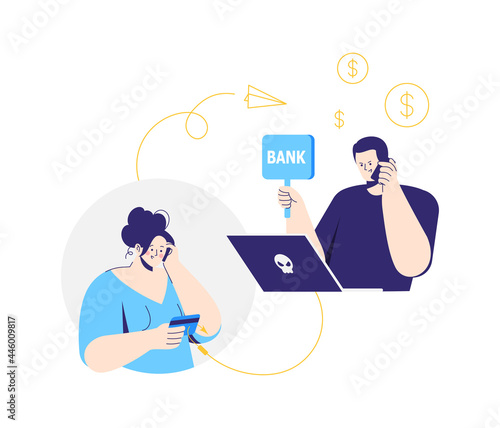 Online crime. A man pretending to be a bank clerk. A fraudster calls to woman on the phone and asks for banking information. The criminal steals money. Flat illustration isolated on white background