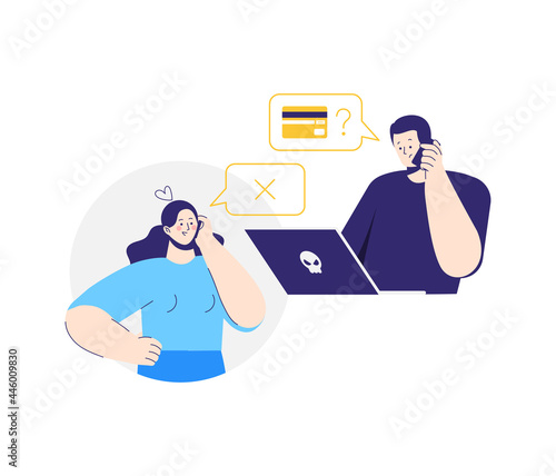 Online crime. A man pretending to be a bank clerk. A fraudster calls to woman on the phone and asks for banking information. Woman stops a swindler. Flat illustration isolated on white background