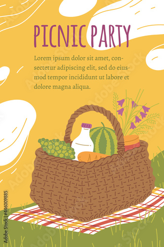 Picnic invitation card or poster with place for text, flat vector illustration.