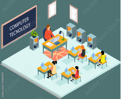School education isometric teacher and pupil at computer technology lesson. Learning process in classroom. High school people composition with class room interior and characters teacher and students