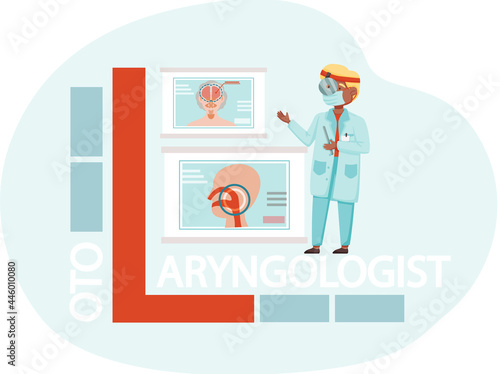 Otolaryngologist doctor with nose, ear and throat or ENT diagnostic and treatment instruments. Otology doctor with patient. Otorhinolaryngology healthcare medicine or otolaryngology diseases