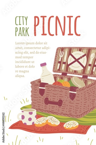 City park picnic party invitation banner or poster, flat vector illustration.