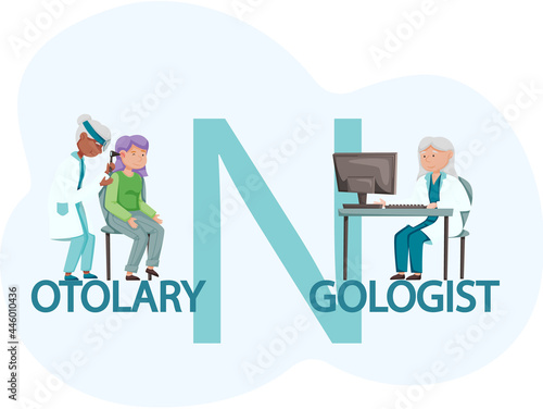 Otolaryngologist doctor with nose, ear and throat or ENT diagnostic and treatment instruments. Otology doctor with patient. Otorhinolaryngology healthcare medicine or otolaryngology diseases