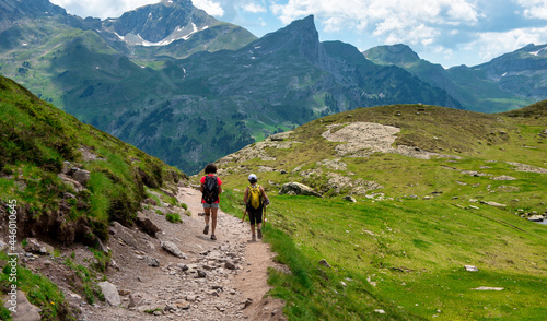 Two hiker women in path of Pic du Midi Ossau in French Pyrenees mountains © Philipimage