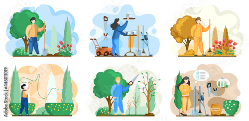 Seasonal gardening with characters of gardeners working in outdoor garden scenes set with people growing plants. Agriculture organic garden tillage and farming plant care gardening hobby horticulture
