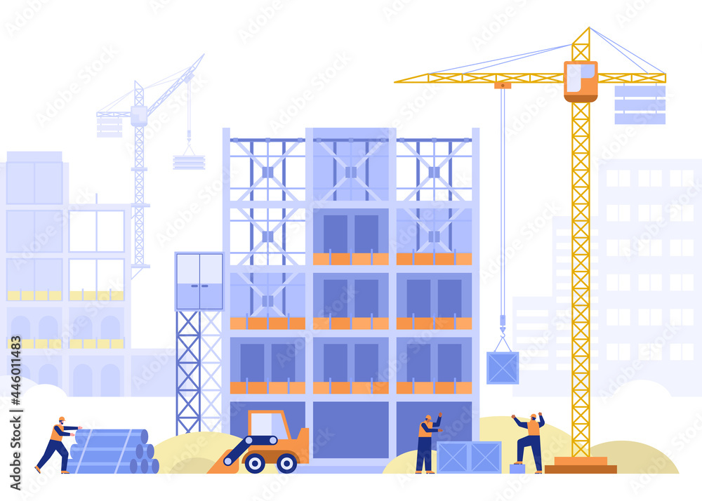 Construction site concept. Team of builders builds house, crane loads blocks, excavator digs, frame of multi-storey building. Real estate business. Vector illustration scene with tiny characters Construction site concept. Team of builders builds house, crane loads blocks, excavator digs, frame of multi-storey building. Real estate business. Vector illustration scene with tiny characters