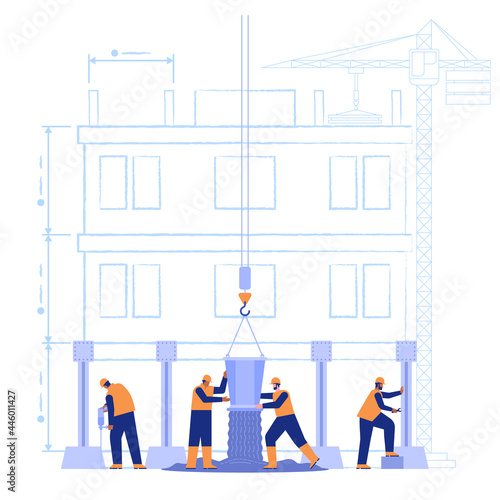 Construction site concept. Builders pour concrete, assemble metal structures, drill and build house. Crane, engineering works and plan of future building. Vector illustration scene with characters