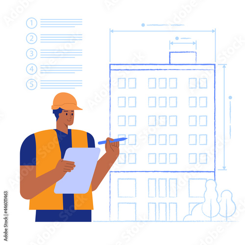 Architect holds construction drawing and takes measurements of future multi-storey building. Engineer designs house on blueprint. Real estate business. Vector illustration scene with character