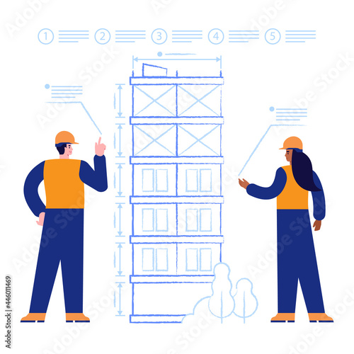 Architects designs house construction drawing of future multi-storey building. Engineers works with blueprints and making measurements. Real estate business. Vector illustration scene with characters