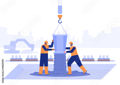 Construction site of building house concept. Builders make foundation, pours concrete, excavator digs. Real estate business, industrial workers job. Vector illustration scene with people characters
