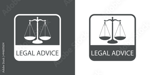 Icono con texto Legal Advice con silueta de balanza en cuadrado en fondo gris y fondo blanco
