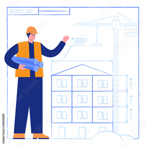 Architect holds construction drawing. Construction crane near future multi-storey building. Engineer designs house on blueprint with measurements. Real estate. Vector illustration scene with character