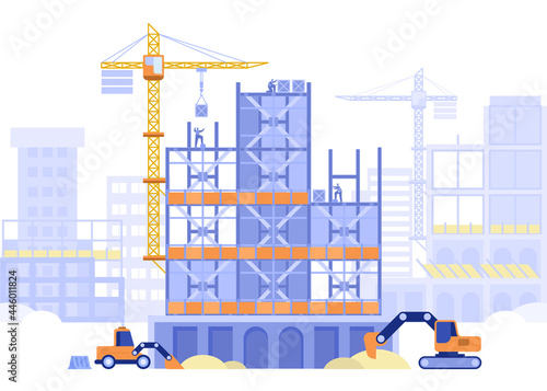 Construction site concept. Builders working on building of multi-storey house or skyscraper. Special machinery excavators dig, cranes load blocks. Vector illustration scene with tiny characters