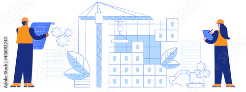 Construction site concept. Architect looks at drawing, engineer makes measurements, crane builds structure from blocks, special equipment working. Vector illustration scene with people characters