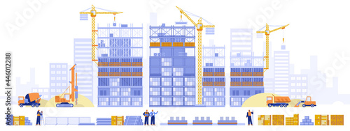 Construction site concept. Builders building house, foreman and architect look at project, surveyor measuring, special heavy machinery working at area. Vector illustration scene with tiny characters