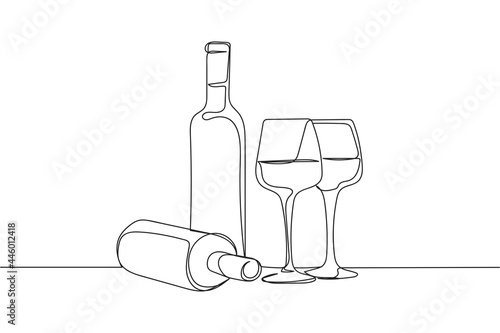 Continuous one line of wine cellar with wine bottle and glasses in silhouette on a white background. Linear stylized.Minimalist.
