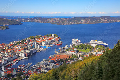 Ariel view of Bergen harbour, a lively harbor lined with colorful, gabled wooden houses, waterfront restaurants & a fish market. Norway, Scandinavia.