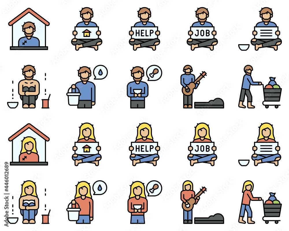Obraz premium Homeless vector icon set 1, filled style