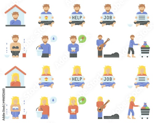 Homeless vector icon set 1, flat style