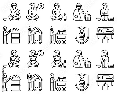 Homeless vector icon set 2, line style