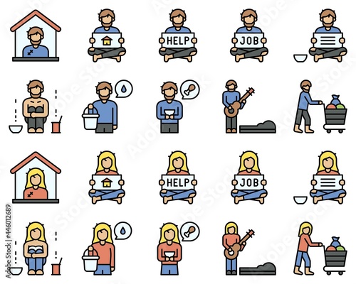 Homeless vector icon set 1, filled style