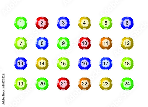 Vector set of lottery balls isolated on white, different numbers and colors, icons collection, gamble game concept.
