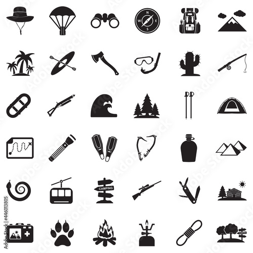 Adventure Icons. Black Flat Design. Vector Illustration.